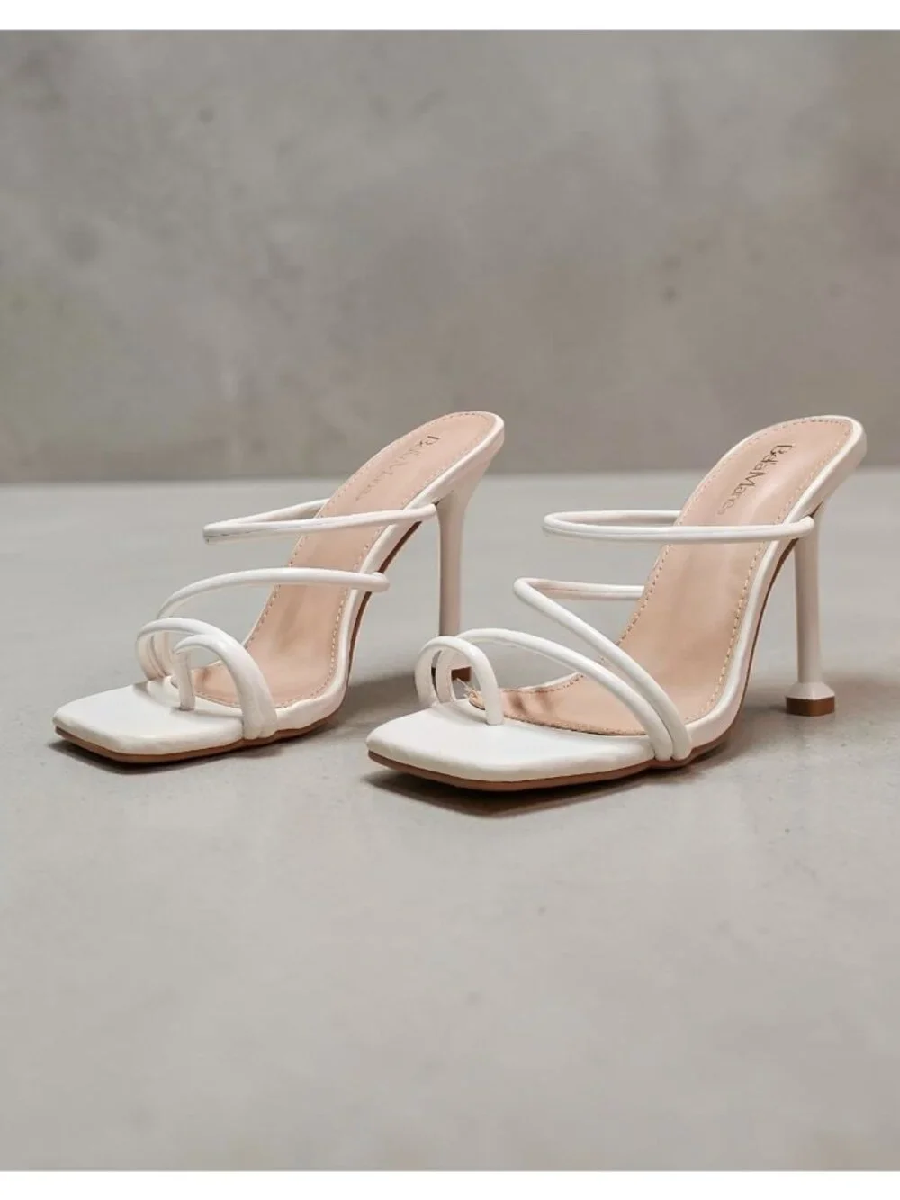 Strappy White High Heel Mules With Square Toe & Slim Stiletto Heels For Women - Picture 12 of 14